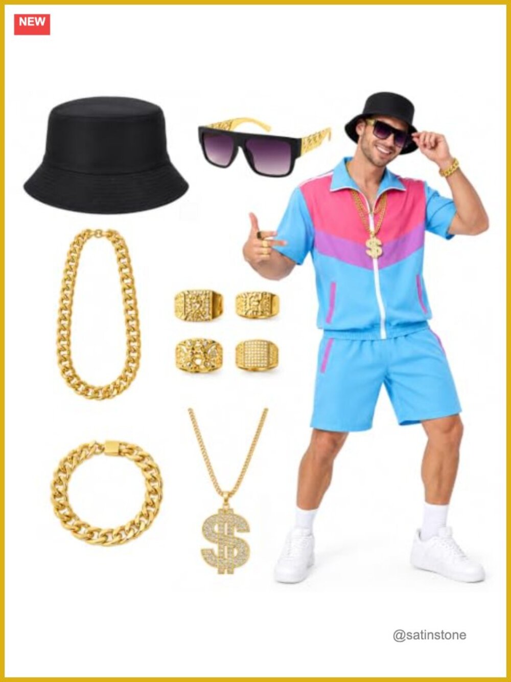 Men 80s 90s Hip Hop Costume Set 11 Piece Tracksuit Zip Top Shorts Halloween